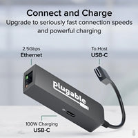 Plugable USB-C to 2.5GbE Ethernet Adapter with 100W PD Charging Plugable USB-C to 2.5GbE Ethernet Adapter with 100W PD Charging
